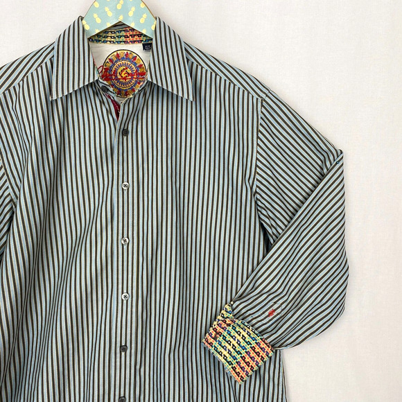 Robert Graham Button Up Shirt Men Medium Striped Blue Gray Velvet Trim Flip Cuff - Picture 2 of 16